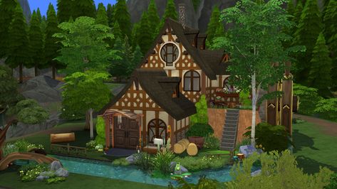 Mod The Sims - The Woodsmn's Cottage CC Free Sims 4 Witch House, Dark Academia House, Sims 4 Rooms, Dark Academia Witch, Academia House, Dog Spa, Witch Cottage, Dark House, Dark Witch