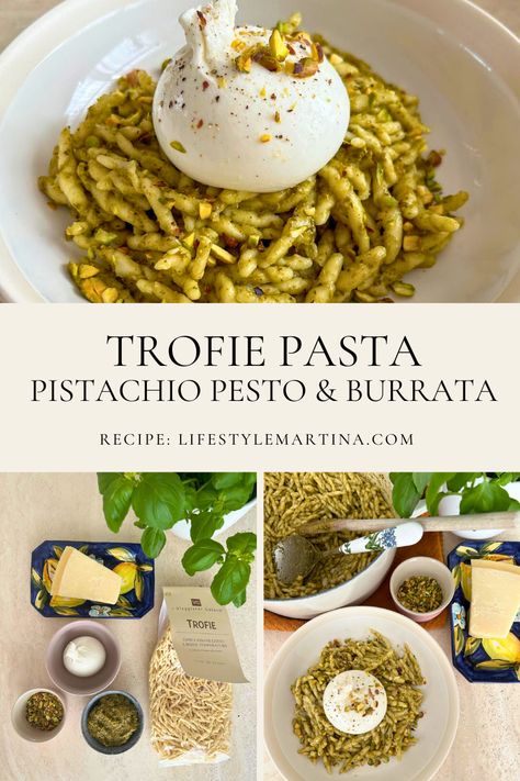 Indulge in this delicious Liguria dish of Trofie Pasta, Pistachio Pesto & Creamy Burrata. A 30-min meal for 4, bursting with flavor! Pesto Burrata Pasta, Pistachio Pasta Recipe, Pistachio Pesto Pasta, Pistachio Pasta Sauce, Trofie Pasta Recipes, Trofie Pasta, Ragu Recipes, Pistachio Pasta, Pesto Burrata