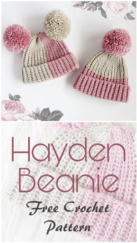 Split Color Beanie Crochet, Family Crochet Hats, Half And Half Crochet Beanie, Two Tone Beanie Crochet Pattern, Half Double Crochet Beanie Pattern Free, 2 Tone Crochet Beanie, Split Color Crochet Beanie Pattern, Crochet Beanie 2 Colors, Two Color Crochet Hat Free Pattern