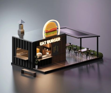 Isometric view minimal burger restaurant... | Premium Photo #Freepik #photo #background #food #design #city Burger Container Design, Burger Shop Design Ideas, Burger Kiosk Design, Burger Stall Design, Small Burger Shop Design, Burger Store Design, Burger Shop Interior Design, Burger Shop Design, Food Kiosk Design Ideas