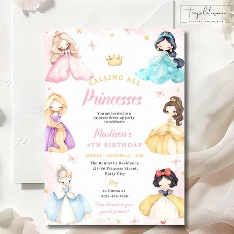 Editable Princess Birthday Invitation Girl Birthday Custom Princess Digital Download Costume Party Princess Theme Magical Princess Invite - Etsy Australia 3rd Party Themes, Princess 3rd Birthday Party Ideas, Disney Princess First Birthday, Princess Birthday Theme, Princess Birthday Invite, Princess Invite, Princess Party Ideas, Disney Princess Invitations, Princess Party Invitations