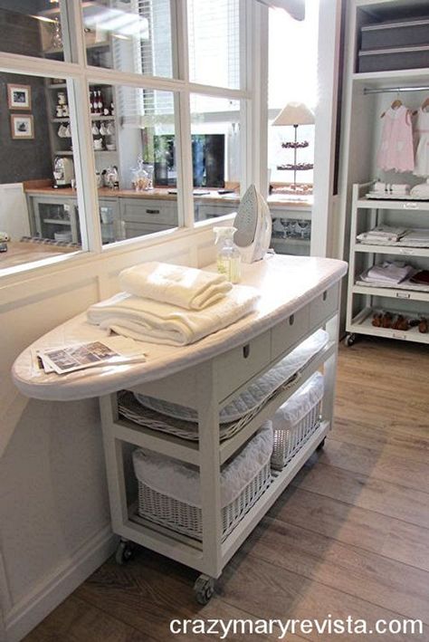 Cool Ironing Board Ideas Diy Lavanderia, Laundry Reno, Farmhouse Laundry Room Ideas, Modern Farmhouse Laundry Room, Ironing Station, Laundry Room Storage Shelves, Small Laundry Room Organization, Ikea Kitchen Island, Room Storage Diy