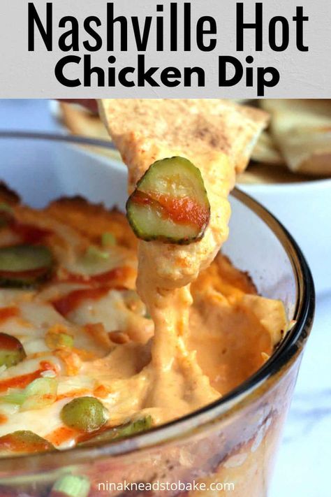 Spice up your gatherings with Nashville Hot Chicken Dip! Creamy and flavourful, this cheesy chicken dip combines the zing of hot sauce and honey, with the richness of cream cheese. Topped with pickles, onions, and drizzled with more hot sauce, it’s the ultimate crowd-pleaser. Nashville Hot Chicken Dip, Spicy Dip Recipes, Spicy Chicken Dip, Hot Chicken Dip, Pickles Onions, Breaded Chicken Tenders, Chicken Dip Recipe, Spicy Dip, Fall Baking Recipes