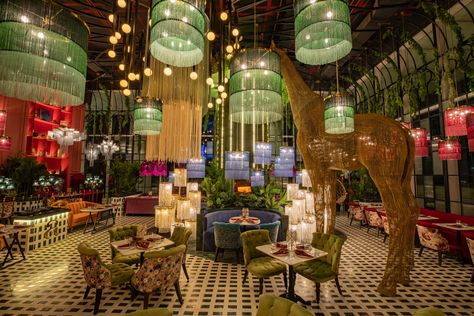 Brazilian Restaurant Design, India Restaurant Interior, Rainforest Restaurant, Esco Bar, Brazilian Interior, Bkc Mumbai, Sushi Samba, Seating Layout, Wild Theme