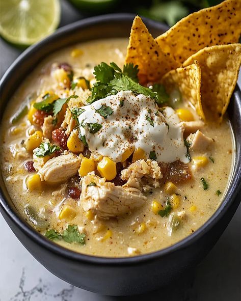 Chicken Chili Soup, Corn Chili, Crockpot White Chicken Chili, Corn Chicken, White Chili Chicken Recipe, Fresh Guacamole, Creamy Recipes, Chicken Chili Recipe, Mexican Street Corn