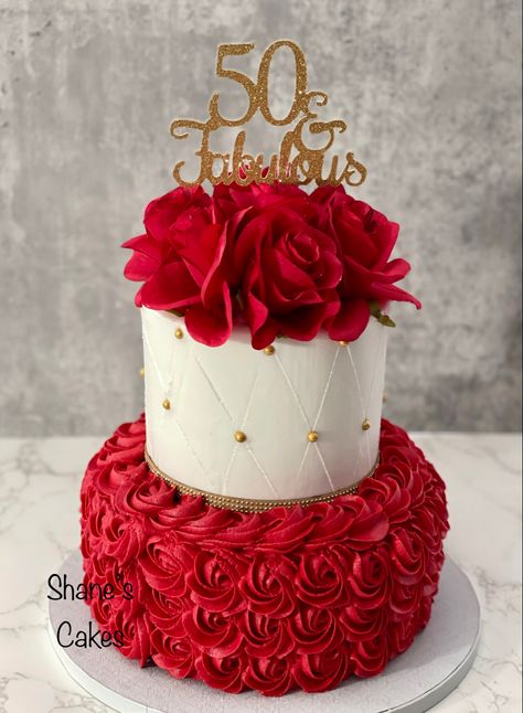 Red rosette birthday cake Rosette Birthday Cake, 50th Birthday Cake For Women, Birthday Cake For Women Elegant, Birthday Cake For Women, Kue Fondant, Cake For Women, 75 Birthday Cake, Red Birthday Cakes, White Birthday Cakes