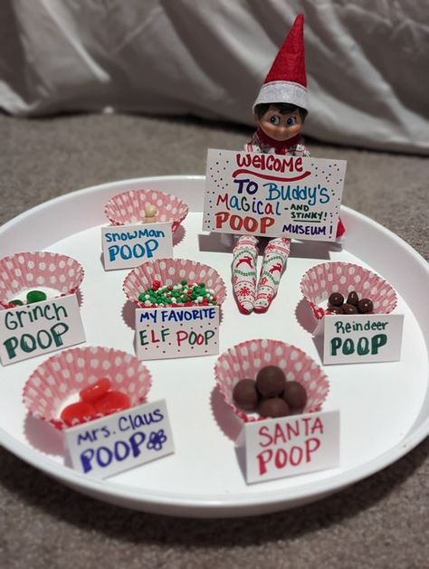 60+ Hilarious, Silly, and Outrageously Funny Elf on the Shelf Ideas - Hike n Dip Good Ideas For Elf On The Shelf, Museum Of Poop Elf On The Shelf, Elf On Shelf Poop Museum, Elf Poop Tasting, Elf Poop Museum Printable, Museum Of Poop Elf, Treats From Elf On The Shelf, Elf Poop Taste Test, Elf On The Shelf Poop Tasting