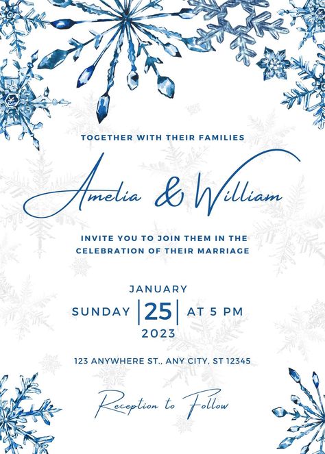 #blue #white #aesthetic #simple #wedding #watercolor #minimalist #invitation #weddinginvitation #snowflake #winter #invite #savethedate #season #snow #weddingtemplate #templatewedding #invitationwedding #winterwedding #weddingsnowflakes Winter Themed Wedding Invitations, Wedding Invitation Winter, Invitaciones Aesthetic, Winter Theme Invitations, Winter Ball Invitations, Winter Party Invitations, Winter Invitation Template, Winter Wonderland Party Invitations, Atlantis Wedding