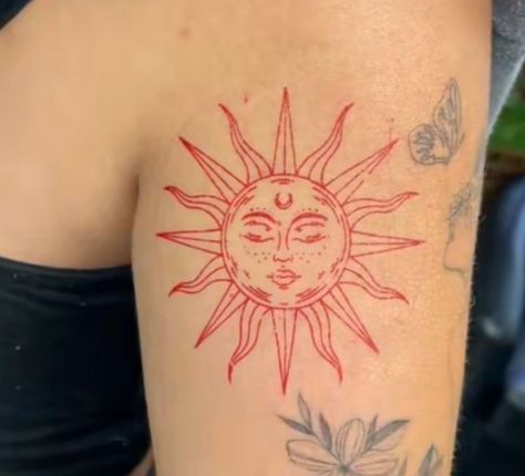 Girly Sun Tattoo, Sun Tattoo Sternum, Red Ink Sun Tattoo, Vintage Sun Tattoo, Mexican Sun Tattoo, Sun Tattoo With Flowers, Sun Knee Tattoo, Hippie Tattoo Ideas Boho, Daydreaming Tattoo