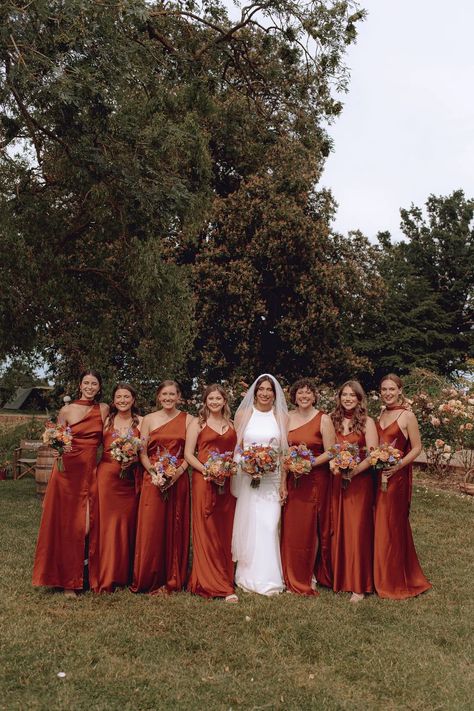 Burnt Orange Dress Jewelry, Bridesmaid Dresses Rusty Orange, Orange Red Bridesmaid Dresses, Evergreen And Burnt Orange Wedding, Burnt Orange Bridesmaid Dresses Satin, Rust Bridesmaid Dress Color Schemes, Autumn Bridesmaid Dresses, Burgandy Bridesmaids Dress, Burnt Orange Bridesmaid Dress