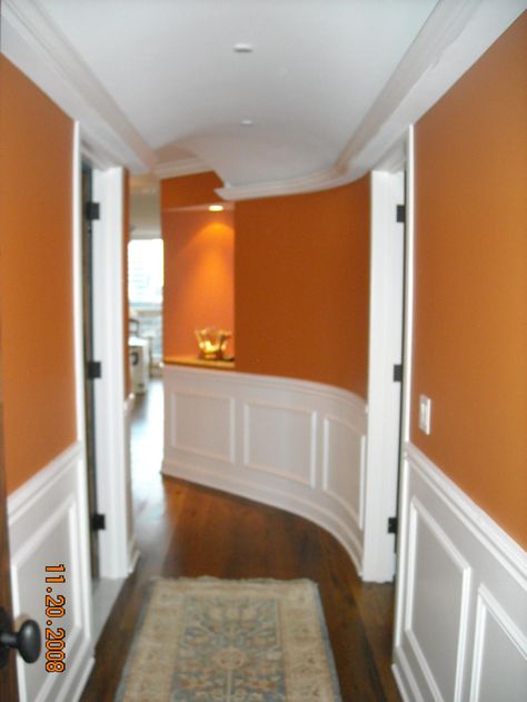 Entry Hallway Ideas Narrow, Orange Wall Color, Wallpaper Hallway Ideas, Wallpaper In Hallway, Narrow Entry Hallway, Paint Hallway, Hallway Colour Ideas, Small Hallway Decorating, Hallway Interior Design