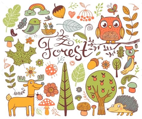 Forest Design Elements in Doodle Style Nature Doodles, Soft Board Decoration, Word Doodles, Insect Wall, Nature Background Images, Forest Scenery, Doodle Art Drawing, Doodle Style, Forest Theme