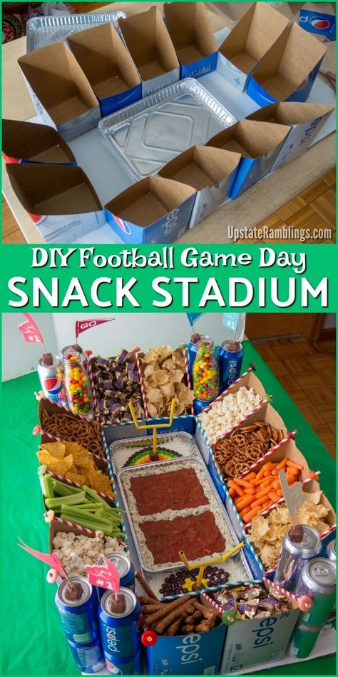 Super Bowl Food Kids, Super Bowl Stadium Food, Edible Football Stadium, Football Stadium Dip, Super Bowl Party Food Charcuterie, Football Game Birthday Party, College Football Game Day Food, Super Ball Party Food, Superbowl Party Snack Ideas