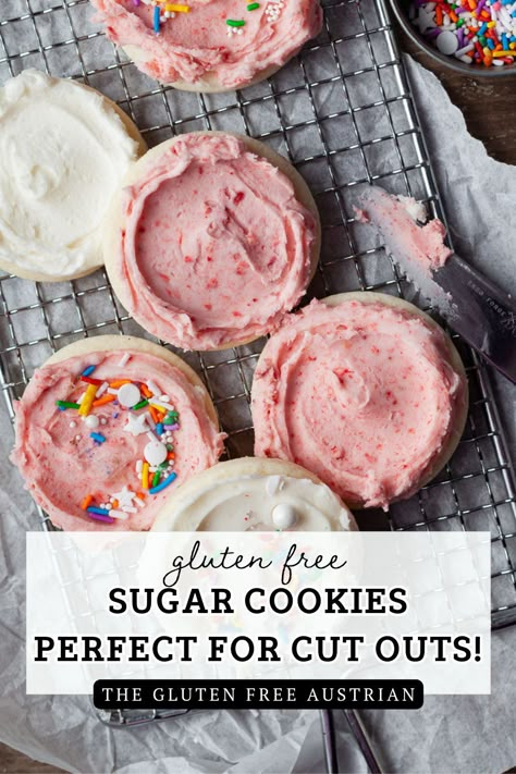 Bake up a batch of fun and festive Sugar Cookies with this no-chill recipe! These gluten-free cut-out cookies are perfect for any occasion, from holiday celebrations to birthday parties. Simple to make and decorate, they’re sure to bring a smile to everyone’s face. Gluten Free Cut Out Cookies, Cookies No Chill, Gluten Free Sugar Cookies Recipe, Gluten Free Christmas Recipes, Gluten Free Cookie Dough, Cut Out Sugar Cookies, Gluten Free Dairy Free Dessert, Cut Out Sugar, Gluten Free Sugar Cookies