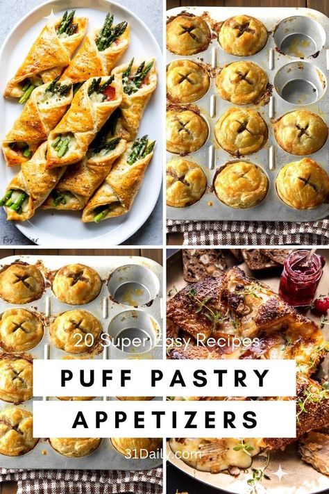 Game Day Food Puff Pastry, Puff Pastry Apps Appetizers, French Puff Pastry Recipes Savory, Puff Pastry Party Snacks, Puff Pastry Brunch Ideas, Food With Puff Pastry, Finger Foods Puff Pastry, Savory Tarts Puff Pastry, Puff Pastry Stuffing Ideas