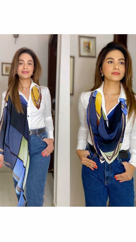 meghaseehra on Instagram: Two ways to LAYER your scarf to elevate your Basic Outfit ❤️ #stole #stoles #scarf #scarves #scarf #woollen #winterfashion #festiveseason… Stoles And Scarves Ideas, Stole Scarf Outfit, Culottes Outfit, Business Casual Top, Stole Scarf, Scarf Outfit, Basic Outfits, Scarf Hairstyles, Scarf Styles