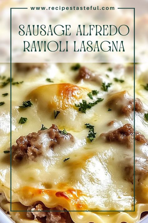 A comforting and delicious twist on traditional lasagna, this Sausage Alfredo Ravioli Lasagna combines crumbled Italian sausage with creamy Alfredo sauce and layers of cheese-filled ravioli for a hearty family meal. Italian Sausage Ravioli Recipe, Four Cheese Ravioli Recipe, Sausage Ravioli Recipe, Alfredo Ravioli, Cheesy Ravioli, Cheese Ravioli Recipe, Sausage Alfredo Pasta, Sausage Ravioli, Sausage Alfredo