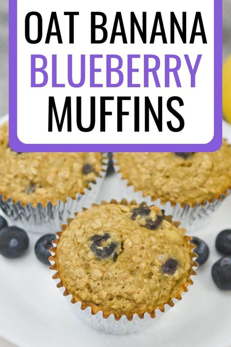 Banana oatmeal blueberry muffins with blueberries and title text on image. Oatmeal Blueberry Muffins, Muffins For Kids, Banana Blueberry Oatmeal Muffins, Healthy Muffins For Kids, Blueberry Oat Muffins, Oatmeal Blueberry, Easy Breakfast Smoothies, Blueberry Muffins Recipe, Blueberry Oatmeal Muffins