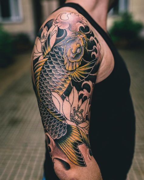 The 75 Best Koi Fish Tattoo Designs for Men | Improb Black Koi Fish Tattoo Design Men, Koi Fish Tattoo Men Arm, Mens Koi Fish Tattoo, Japanese Koi Fish Tattoo Design For Men, Koi Fish Tattoo Japanese Style, Black Koi Fish Tattoo Design, Koi Fish Tattoo For Men, Koi Fish Arm Tattoo, Koi Fish Tattoo Black