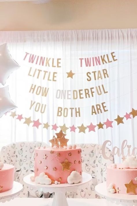 Twinkle Star Party, Twin Birthday Themes, Half Birthday Party, Pink And Gold Birthday, Gold Glitter Banner, Twin Birthday Parties, 1st Birthday Party For Girls, Girls Birthday Party Decorations, Twins 1st Birthdays