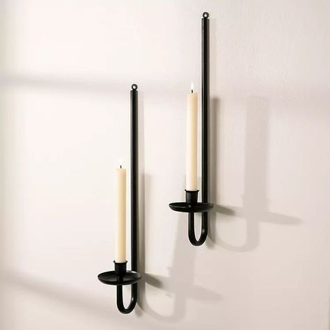 New! Black Metal Taper Candle Holder Sconces, Set of 2 | Kirkland's Home Dinning Room Candle Holders, White Wall Candle Holder, Where To Place Candle Wall Sconces, Bedroom Candle Sconces Bedside, Candle Wall Lights Living Rooms, Candle Holders Black Metal, Floor Candle Sconces, Candle Stick Light Fixture, Candle Holder Kitchen