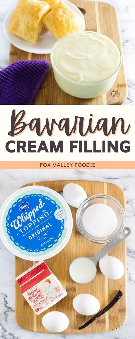 This versatile Bavarian cream filling recipe is perfect for stuffing your favorite pastries and desserts. Bavarian cream is delicious when served simply with fresh fruit, but this sweet pastry cream filling is also great for pies, cream puffs, and more! Bavarian cream is one of the quintessential German desserts. This delicious dessert is commonly fortified with gelatin and set into molds to form its shape prior to serving. Boston Cream Pie Filling, Bavarian Cream Puffs, Bavarian Cream Filling, Cream Filling Recipe, Cream Pie Filling, Pastry Cream Filling, German Desserts, Cream Puff Recipe, Bavarian Cream