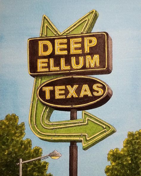 "This is a print of the original Watercolor Painting featuring the Deep Ellum Sign in Dallas, Texas. Print measures 5\" x 7\" - on paper. 110 lb. matte stock. This is one of a growing collection of paintings I'm creating that feature sites from the Backroads and Main Streets of Texas." Texas Illustration, Deep Ellum Dallas, Texas Watercolor, Texas Signs, Texas Print, Texas Poster, Texas Art, Retro Sign, Dallas Texas