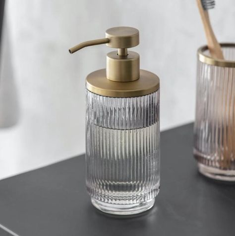 The stunning soap dispenser is giving us definite art deco vibes with its glass and brass combo. Fill with favourite liquid hand soap. Crafted in Vintage Bathroom Accessories, Soap Dispenser Design, Glass Soap Dispenser, Hand Soap Dispenser, Brass Tray, Bathroom Soap Dispenser, Soap Pump, Homewares Shop, Vintage Bathroom