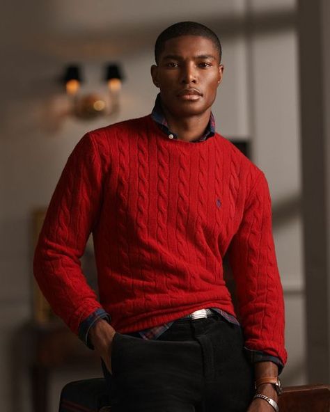 Ralph Lauren on Instagram: "Embrace effortless holiday #PoloRLStyle with signature staples, like our classic Cable-Knit Cashmere Sweater in bright red layered over #RLHoliday plaids. Explore our @PoloRalphLauren Favorites shop via the link in bio. #RalphLauren" Black Men Winter Fashion, Holiday Outfit Winter, Polo Sweater Outfit, Nyc Mens Fashion, Winter Fashion Nyc, Red Sweater Outfit, Christmas Outfit Men, Sweater Outfits Men, Party Outfit Men