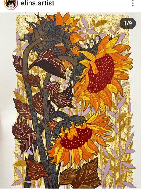 Screen Print Flowers, Layered Lino Print, Sunflower Lino Print, Camomile Illustration, Sunflower Linocut, Linocut Color, Linocut Flowers, Daisy Sketch, Color Linocut