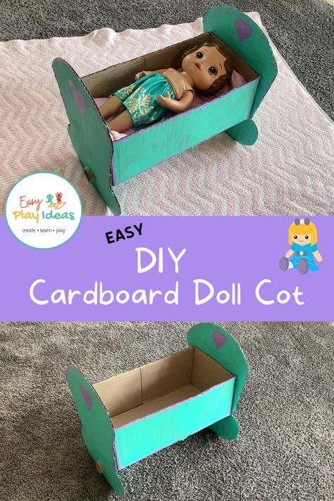 For children who love playing with dolls, having a bed for their dolls is a big part of their pretend play. Rather than purchasing another toy, you can make a doll cradle using a cardboard box, glue and some paint! Children can be involved in the decorating process and paint or place stickers on the cradle to customise it. Best of all, you can recycle the cardboard cradle once they are not interested in doll play anymore. Baby Doll Beds Diy Ideas, Bed For Dolls, Wooden Doll Cradle, Doll Bed Diy, Cardboard Box Diy, Baby Doll Crib, Recycled Ideas, Baby Doll Furniture, Nursery Diy