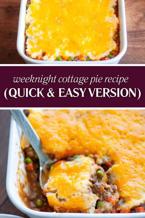 This easy cottage pie recipe is perfect way to enjoy a comforting meal on busy weeknights! Like a traditional cottage pie, this simple recipe has a hearty beef and vegetable filling topped with a cheesy mashed potato crust. But we use a few “shortcut” ingredients to make this into a 30-minute meal that’s sure to be one of your new favorite quick family recipes. Cottage Pie Recipe Beef Easy, Cottage Pie Recipes, Cottage Pie Recipe Easy, Cottage Pie Recipe Beef, Easy Cottage Pie, Mashed Potato Crust, Beef Cottage Pie, Quick Family Recipes, Easy Shepherds Pie