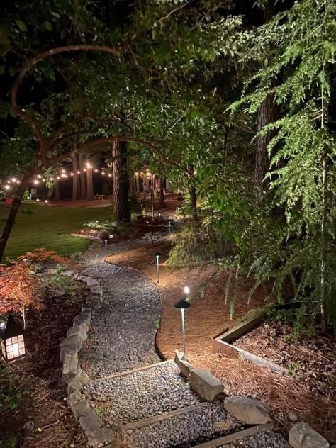 Light Up Pathway Walkways, Lake Walkway Pathways, Wooded Backyard Landscape Ideas Walkways, Mystical Yard Ideas, Outdoor Wooded Backyard, Woods Backyard Landscape, Property Ideas Outdoor, Forest Deck Ideas, Georgia Backyard Landscaping