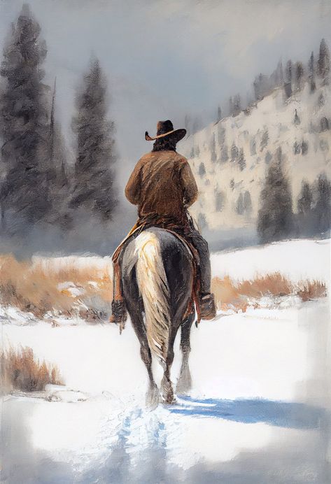 This stunning impressionist painting captures the rugged beauty of a cowboy and his horse riding through a snowy mountain landscape. The use of bold brushstrokes and rich colors brings this scene to life, making it a perfect addition to any home décor. This one-of-a-kind painting is sure to impress anyone who appreciates the beauty of nature and the Western way of life. Cowboy Horse Riding, Boho Western Painting, Western Horse Painting, Cowboy Watercolor Paintings, Cowboy Paintings Western, Rdr2 Painting, Horse Riding Painting, Trending Paintings, Long Canvas Painting Ideas