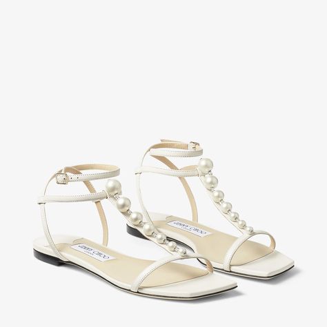 AMARI FLAT | Latte Nappa Leather Flat Sandals with Pearls | Summer Collection | JIMMY CHOO Sandals With Pearls, Jimmy Choo Flats, Pearl Shoes, Jimmy Choo Sandals, Pearl Sandals, Designer Flats, Fancy Shoes, Leather Sandals Flat, Jimmy Choo Shoes