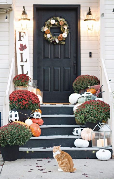 Fall Season Crafts, Fall Porches, Porch Lights, Glass Votives, Fall Living Room, Fall Front Porch Decor, Faux Pumpkins, Front Steps, Outdoor Candles