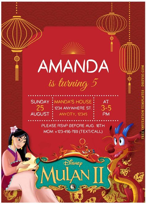 Get (Free Editable PDF) Disney Mulan Birthday Invitation Templates In the realm of children's birthday parties, choosing a theme based on your child's interests is paramount. Today, I'm excited to share a new collection, specifically tailored for this month – perfect... Mulan Sweet 16 Theme, Mulan Themed Birthday Party, Mulan Party Ideas, Mulan Party, Mulan Birthday, Cinderella Birthday Invitation, Cat Birthday Invitations, Pink Girl Birthday, Minnie Mouse Birthday Invitations