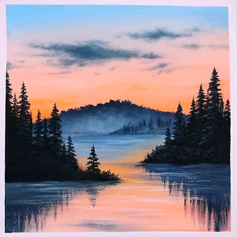 Lake With Trees Painting, Lake Scenery Painting, Lake Water Painting, Mountains And Lake Painting, Lake Painting Acrylic Easy, Mountain Lake Sunset Painting, Acrylic Paint Mountains, Watercolor Lake Painting, Acrylic Scenery Painting Ideas