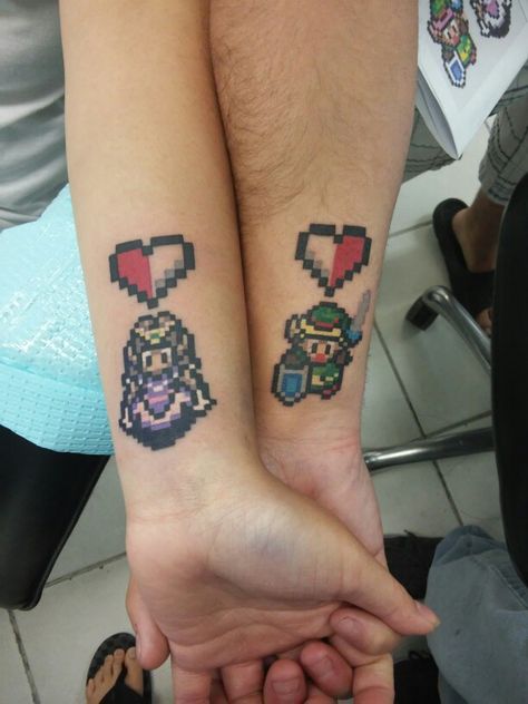 Zelda & Link (couples tat) Tattoo Duo, Link Tattoo, White Rabbit Tattoo, Nintendo Tattoo, Zelda Tattoo, Tattoo Filler, Famous Tattoos, Pokemon Tattoo, Back Of Shoulder Tattoo