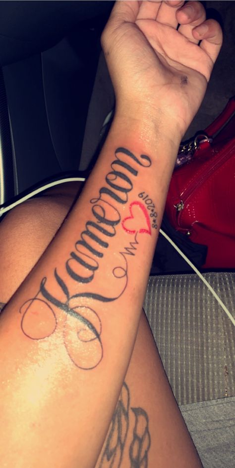 make sure to follow me on instagram @tookiim or click the link below #baby #tattoo #name #babyname #arm Name Tattoos For Girls, Mama Tattoos, Boyfriend Name Tattoos, Forearm Name Tattoos, Tato Nama, Daughters Name Tattoo, Name Tattoos On Arm, Name Tattoos For Moms