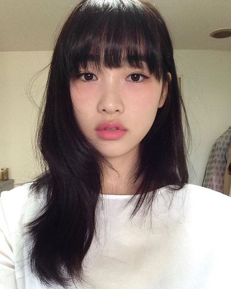 I love the subtle blush under the eyes. Youthful minimalistic nomakeup makeup look.  Igari " hangover" makeup look| Korean Makeup | #Japanesemakeup Blush Makeup, Korean Makeup, Black Hair, Bangs, Blush, Skin, Makeup, Hair, White