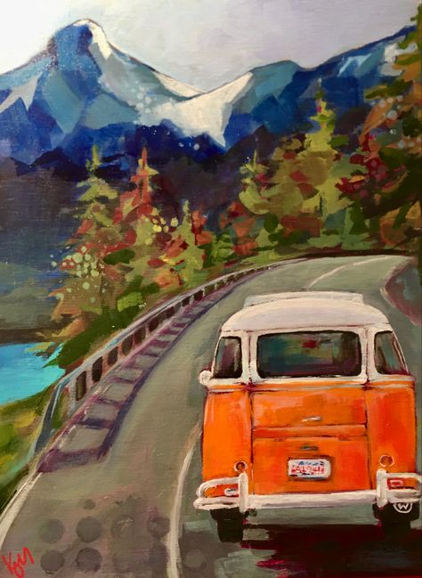 Road Trip Drawing, Road Trip Painting, Road Watercolor, Retro Road Trip, Van Drawing, Road Drawing, Vans Painted, Road Painting, Car Oil