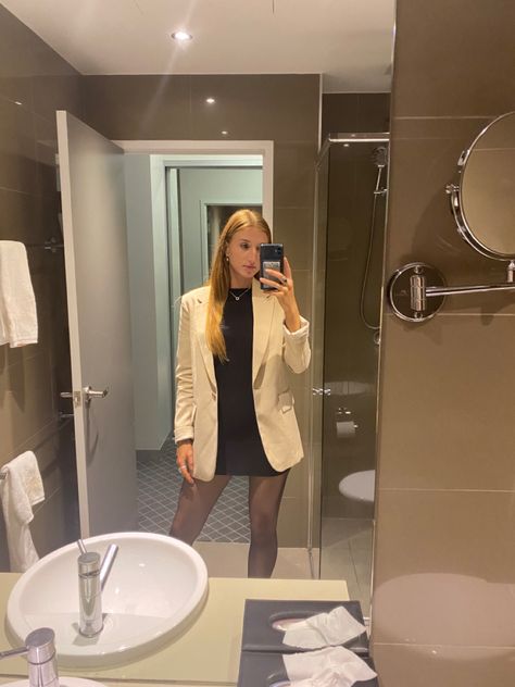 Black Dress Mirror Selfie, Dress Mirror, Beige Blazer, Beige Jacket, Dress Beige, Formal Outfit, Women's Blazer, Black Dress, Mirror Selfie