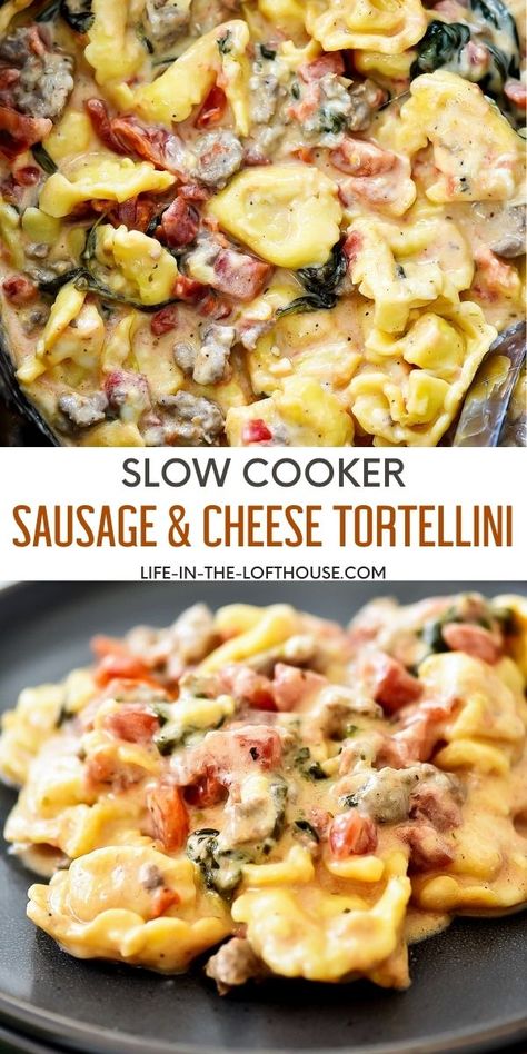 Tender sausage, cheese-filled tortellini, juicy tomatoes and hearty spinach come together to create this delicious Slow Cooker Tortellini and Sausage. Tortellini Recipes Crockpot, Slow Cooker Tortellini, Sausage Crockpot Recipes, Sausage Slow Cooker, Crock Pot Tortellini, Cheese Tortellini Recipes, Slow Cooker Sausage, Sausage Crockpot, Sausage Tortellini