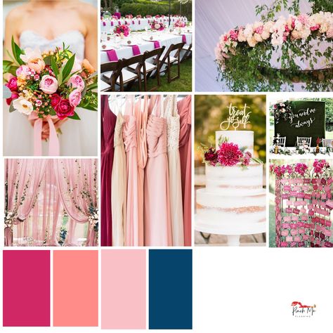 Shades of pink - Magenta, peach, blush and a touch of navy accents for a wedding palette that’s feminine and fun. Coral Pink And Blue Wedding, Candy Pink Wedding Color Schemes, Dark Blue And Peach Wedding, Blush Pink And Navy Blue Wedding Color Schemes Colour Palettes, Magenta And Navy Blue Wedding, Shades Of Pink Wedding Colour Palettes, Navy Blue Wedding Color Schemes, Magenta Wedding Colors, Shades Of Pink Wedding