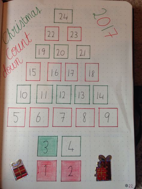 Christmas countdown bullet journal 25 Day Christmas Countdown Ideas, Christmas Countdown Drawing, Christmas Countdown Bullet Journal, Buju Ideas, Christmas Countdown Ideas, Christmas Bullet Journal, Countdown Ideas, Ideas Bullet Journal, Life Tracker