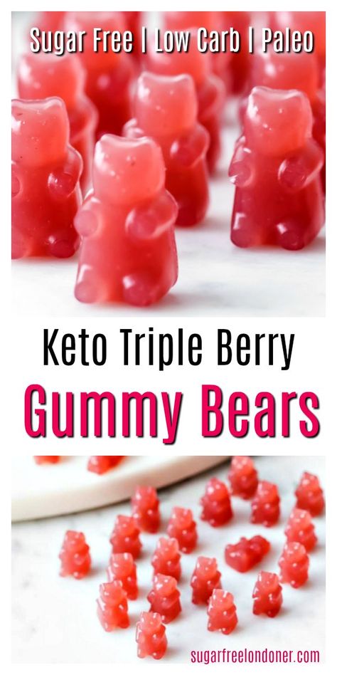 Move over, Haribo! These homemade triple berry Keto gummy bears are a super healthy sugar free treat. The whole family will love these fruity gummies! Low carb and Paleo. via @sugarfreelondon Sugar Free Gummy Bears, Keto Diet Drinks, Sugar Free Treats, Keto Diet Snacks, Keto Diet List, Keto Candy, Sugar Free Low Carb, Low Carb Dessert, Healthy Sugar