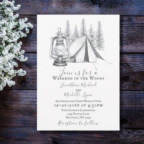 Tent Lantern And Woodland Sketch Camping Wedding Invitation #zazzle #weddinginvitations #birthdayinvitations #babyshowerinvitations #zazzleinvitations #monogram #businesscards #graduation #homedecor Camping Sketch, Camping Wedding Theme, Camping Wedding Invitations, Campsite Wedding, Camping Invitations, Lantern Camping, Campground Wedding, Camping Wedding, Summer Camp Wedding