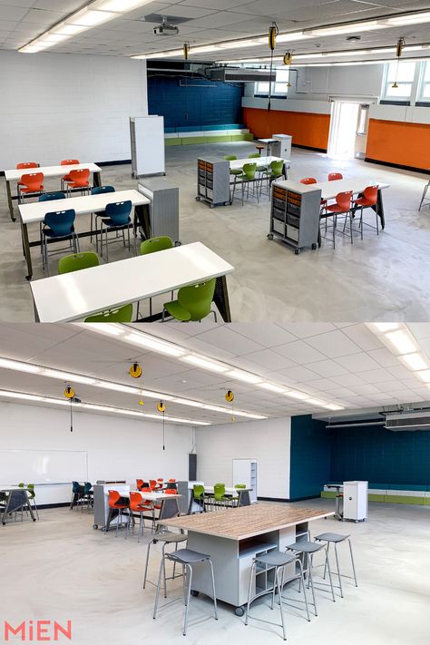 The new space features a testing “arena” for robotics courses, and whiteboards for students to brainstorm. Having more flexibility and physical space for the HBW students to experiment and collaborate is essential in their STEM and STEAM instruction. #MiEN #k12education #highereducation #design #furniture #21stcenturylearning #learning #schooldesign #collaboration #students #teachers #softseating #stem #steam #robotics Stem Room Design, Makerspace Furniture, Stem Room, Makerspace Design, Stem Courses, Space Lab, Old Tables, Stem School, Teaching Critical Thinking