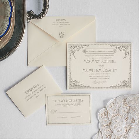 Lady Mary | Lucky Luxe Couture Correspondence | Letterpress Wedding Stationery 1910s Wedding, Downton Abbey Wedding Inspiration, Downton Abbey Wedding, Letterpress Invitation Suite, Letterpress Wedding Stationery, Laurel Mercantile, Wedding Invitation Designs, Abbey Wedding, Inexpensive Wedding Invitations